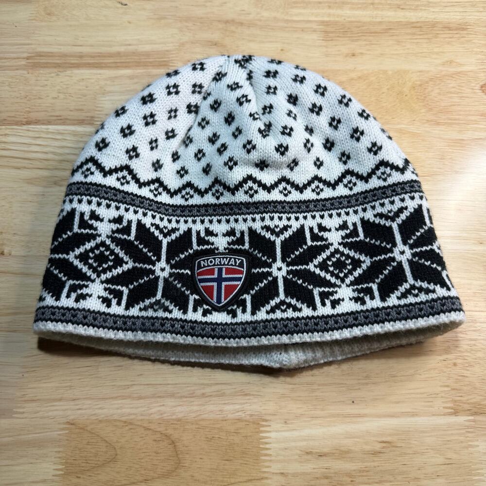 Rock Expedition Norway Knit Beanie Hat White Black Nordic Fleece Lined OSFM